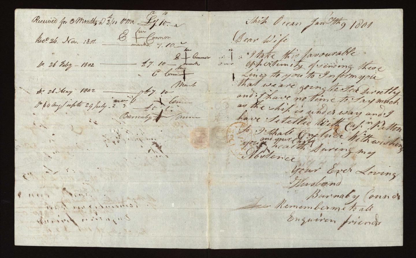 A letter to Elizabeth Conner from her husband, with a record of wages received while he was away at sea in 1801-1802 