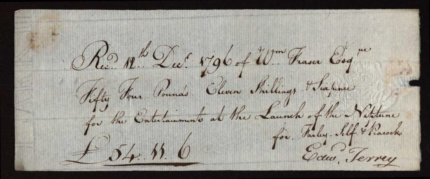 A receipt relating to the entertainments following the launch of the Neptune at Deptford, 1796 