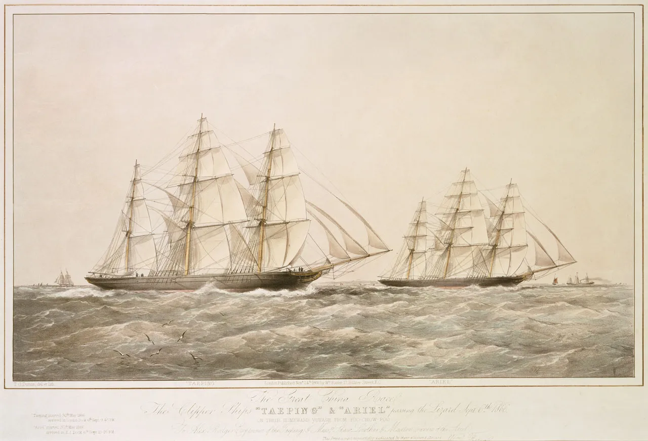 A drawing of two ships at sea.