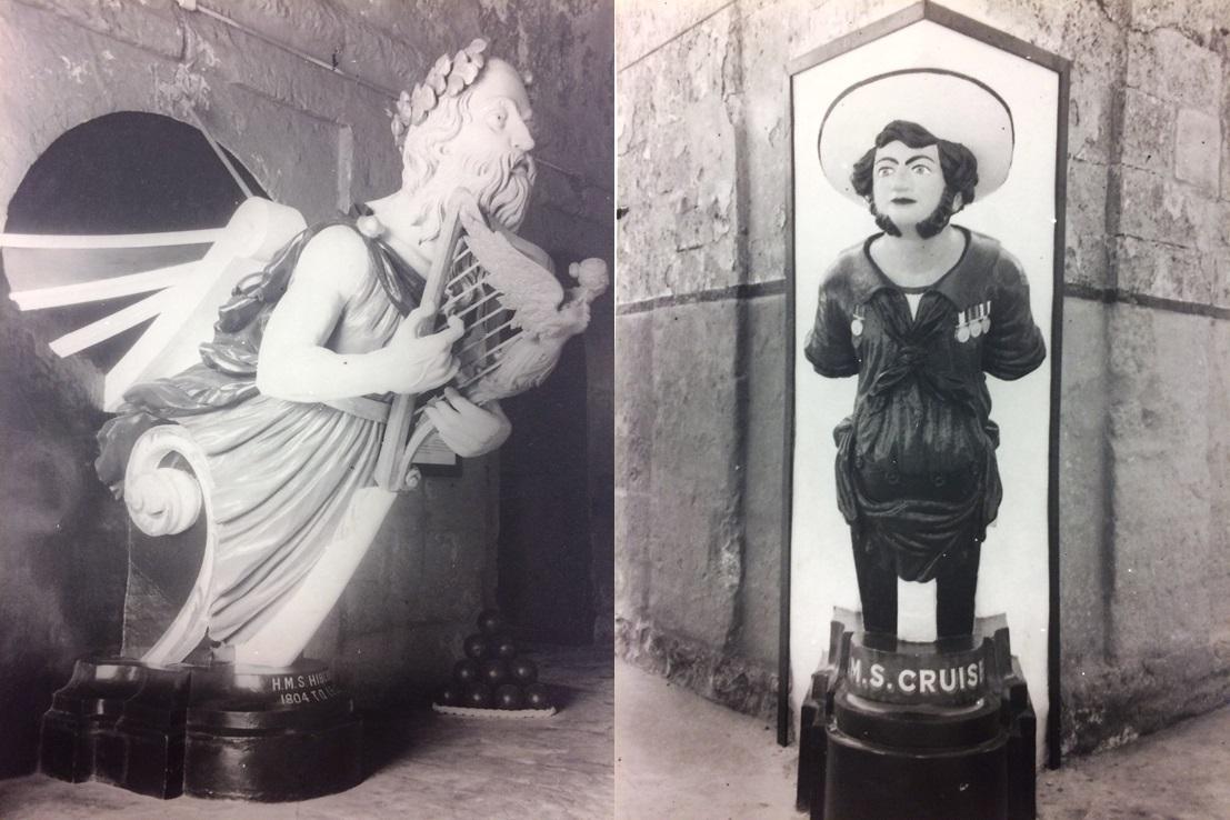 Photo of the old figureheads of HMS Cruiser and HMS Hibernia