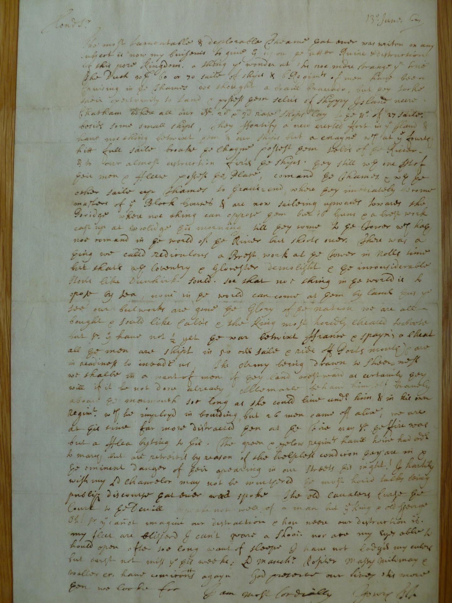 Letter describing the Dutch landing on the Isle of Sheppey and the attack on the Medway