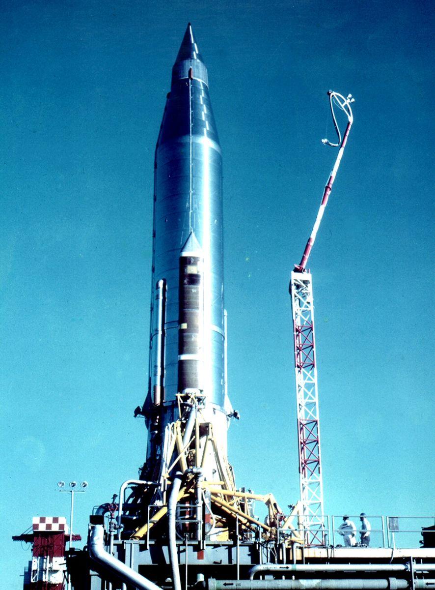 An Atlas-B missile preparing to launch the SCORE satellite, the world's first communications satellite. Launched from Cape Canaveral, 1958. 