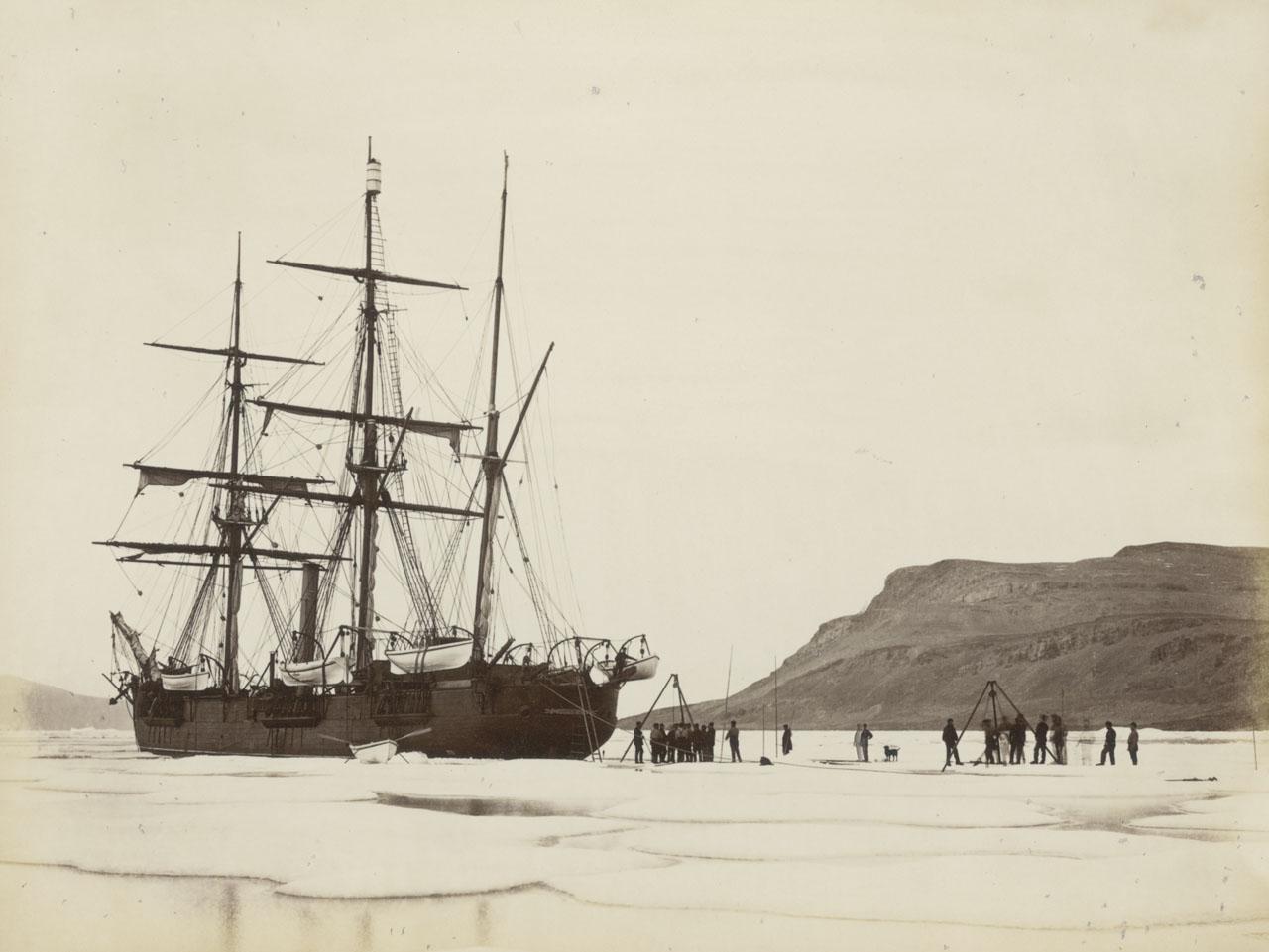 HMS Alert cutting into dock, Dobbin Bay, 13 August 1875
