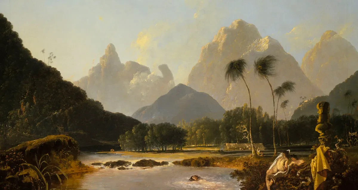 Landscape painting of Tahiti mountains and valley, with people bathing in a river.