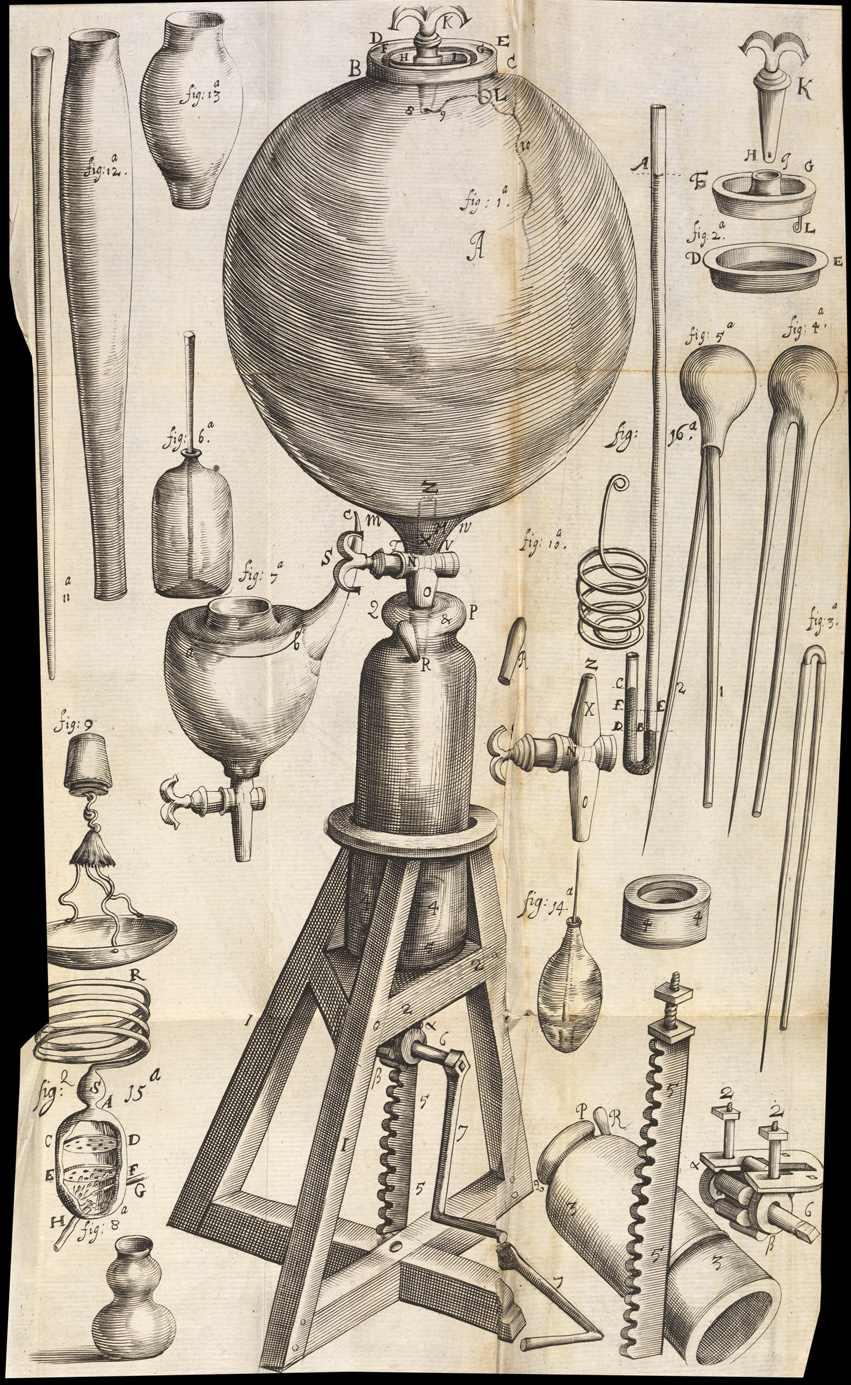 Robert Boyle's air pump. Plate to New Experiments physico-mechanicall..., by Robert Boyle (Oxford, 1660) RS.9913 © The Royal Society