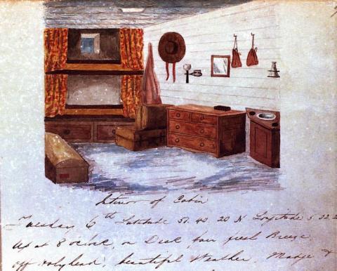 Illustrated page from the diary of Alfred Withers, 1857 (ref: JOD/171), depicting Alfred and Madge's cabin on board the James Baines. Repro ID: C2410-7.