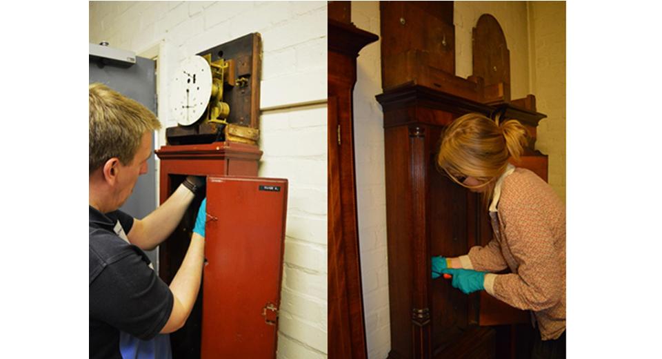 Rory McEvoy Curator of Horology (left) and Anna Rolls Conservator of Scientific instruments (right) removing clock parts