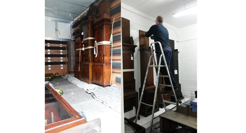 Longcase clock trunks being moved in a van (left) and installed in new store by Art Object Handlers (right)