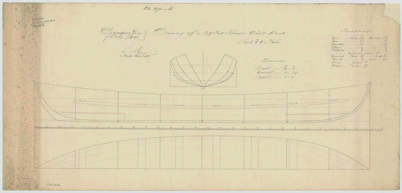 Drawing of a 27 foot Service Whale boat, 1866