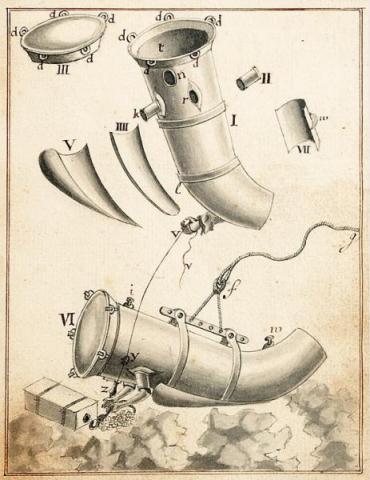 Diagram of the Diving Engine, from 'A Demonstration of the Diving Engine; Its Invention and various Uses' by Jacob Rowe, circa 1730. Repro ID: E0813B