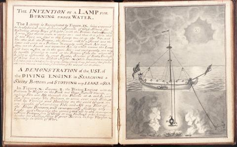 'A Demonstration of the Use of the Diving Engine in Searching a Ships Bottom and Stopping any Leake at Sea...' from 'A Demonstration of the Diving Engine' by Jacob Rowe, circa 1730. Repro ID: E0813B