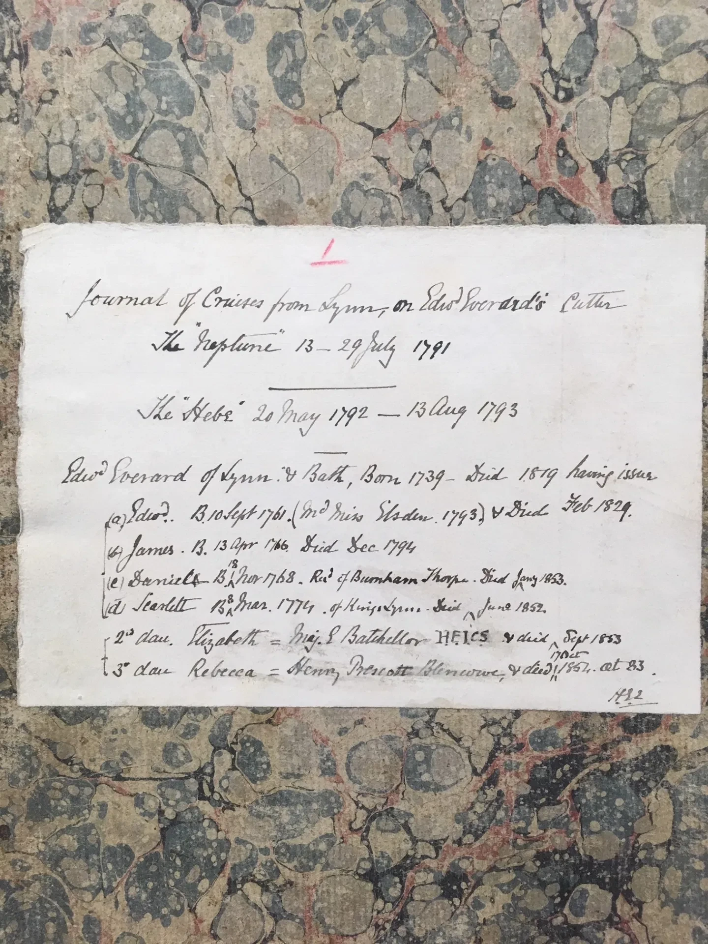 Front cover of Edward Everard’s log of the NEPTUNE and HEBE, with family history note initialled by H. Everard, the author’s great grandson.