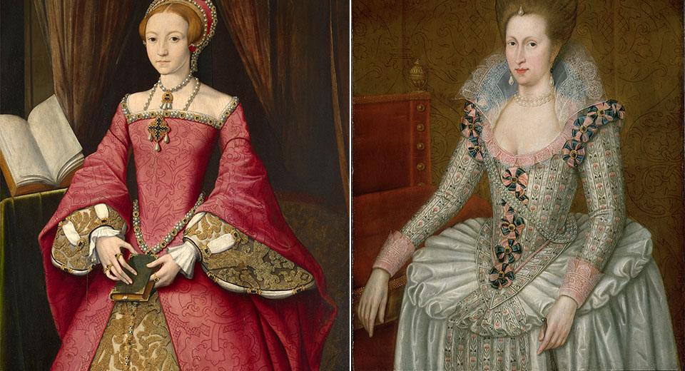Elizabeth I when a Princess wearing a Spanish farthingale (Royal Collection), Anne of Denmark wearing a drum farthingale (National Maritime Museum)