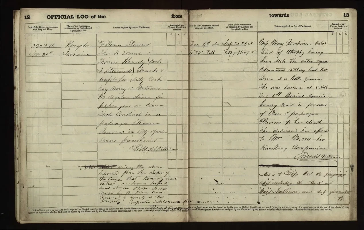 Example of a page from an Official Log of the vessel Palikari, from a voyage ending in 1865, recording the death of a passenger.
