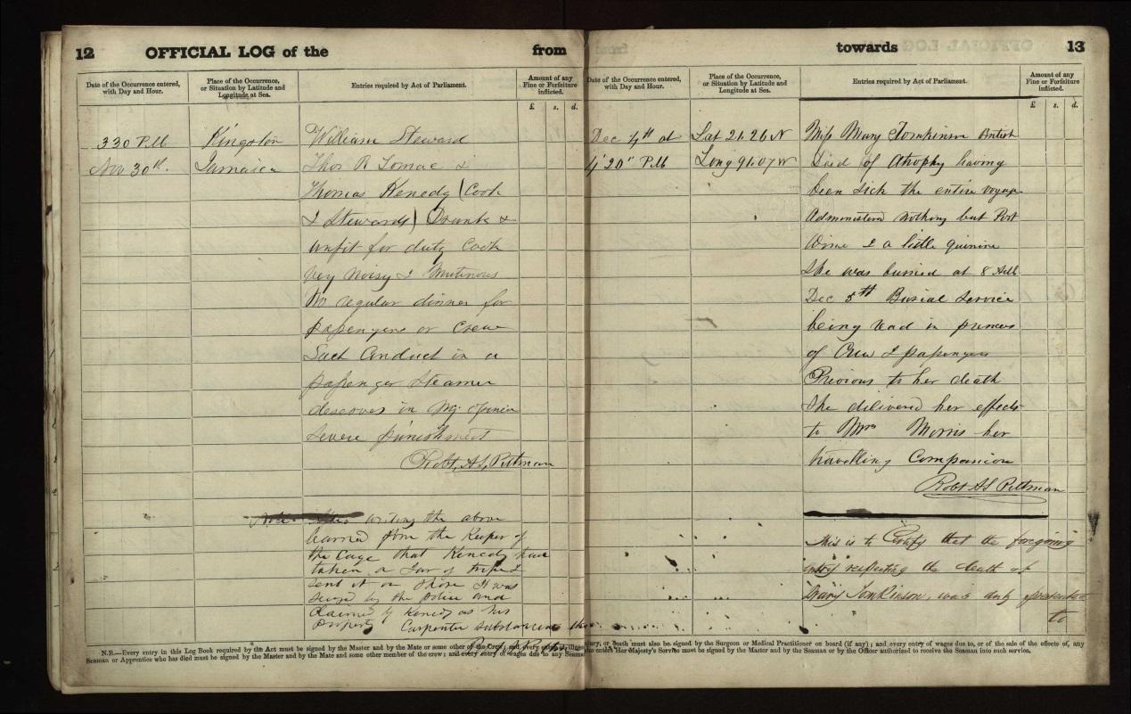 Example of a page from an Official Log of the vessel Palikari, from a voyage ending in 1865, recording the death of a passenger.