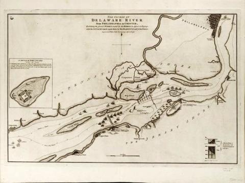 The course of Delaware River from Philadelphia to Chester, exhibiting the several works erected by the rebels to defend its passage, with the attacks made upon them by His Majesty's land and sea forces by William Faden, 1778