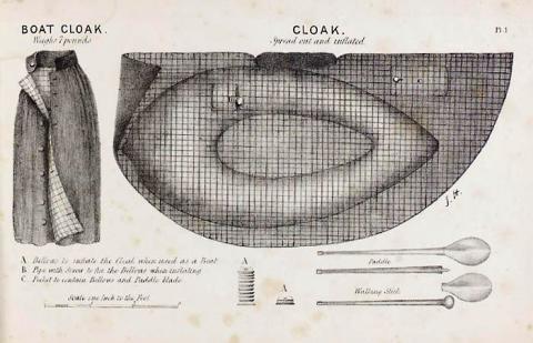 'Boat cloak spread out and inflated'; illustration showing boat as cloak and laid out flat by Lieutenant Peter Alexander Halkett, 1840s. Repro ID: F0972