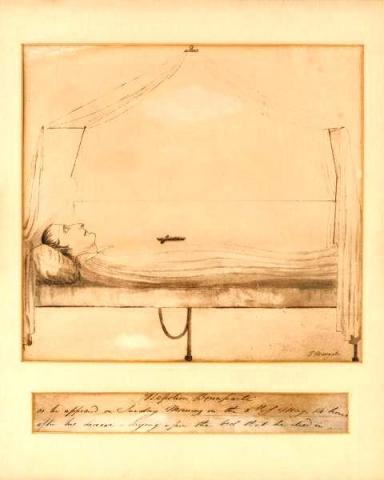 Sketch of Napoleon Bonaparte after his death at St Helena, by Captain Frederick Marryat, 1821. Repro ID: F4154