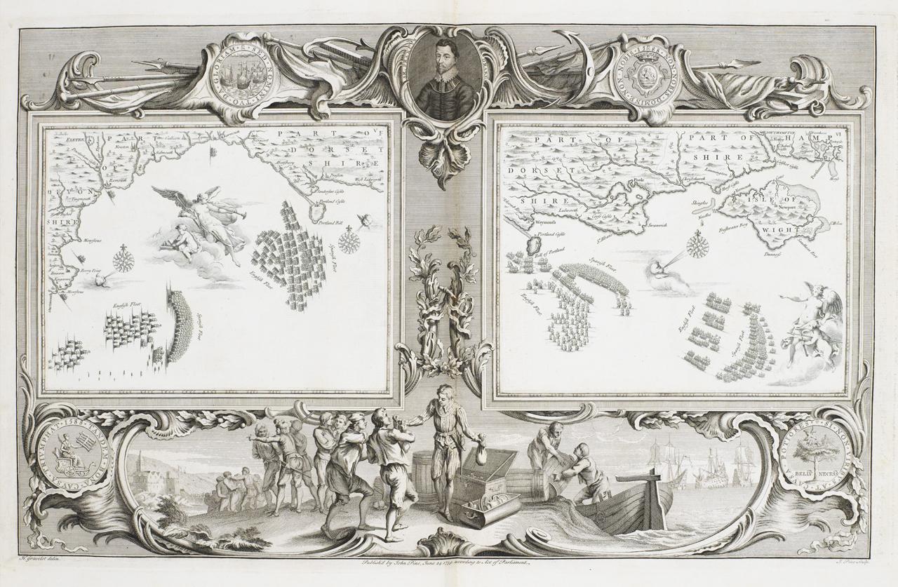 John Pine and Henri Gravelot. Charts V & VI: Capture of San Salvador and the action off Portland. Etching, 1739