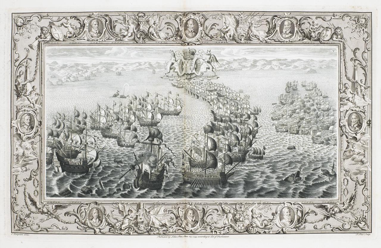 John Pine, Clement Lemprière and Henri Gravelot. Plate V: San Salvador of the Guypuscoan Squadron, being set on fire, is taken by the English. Etching, 1739