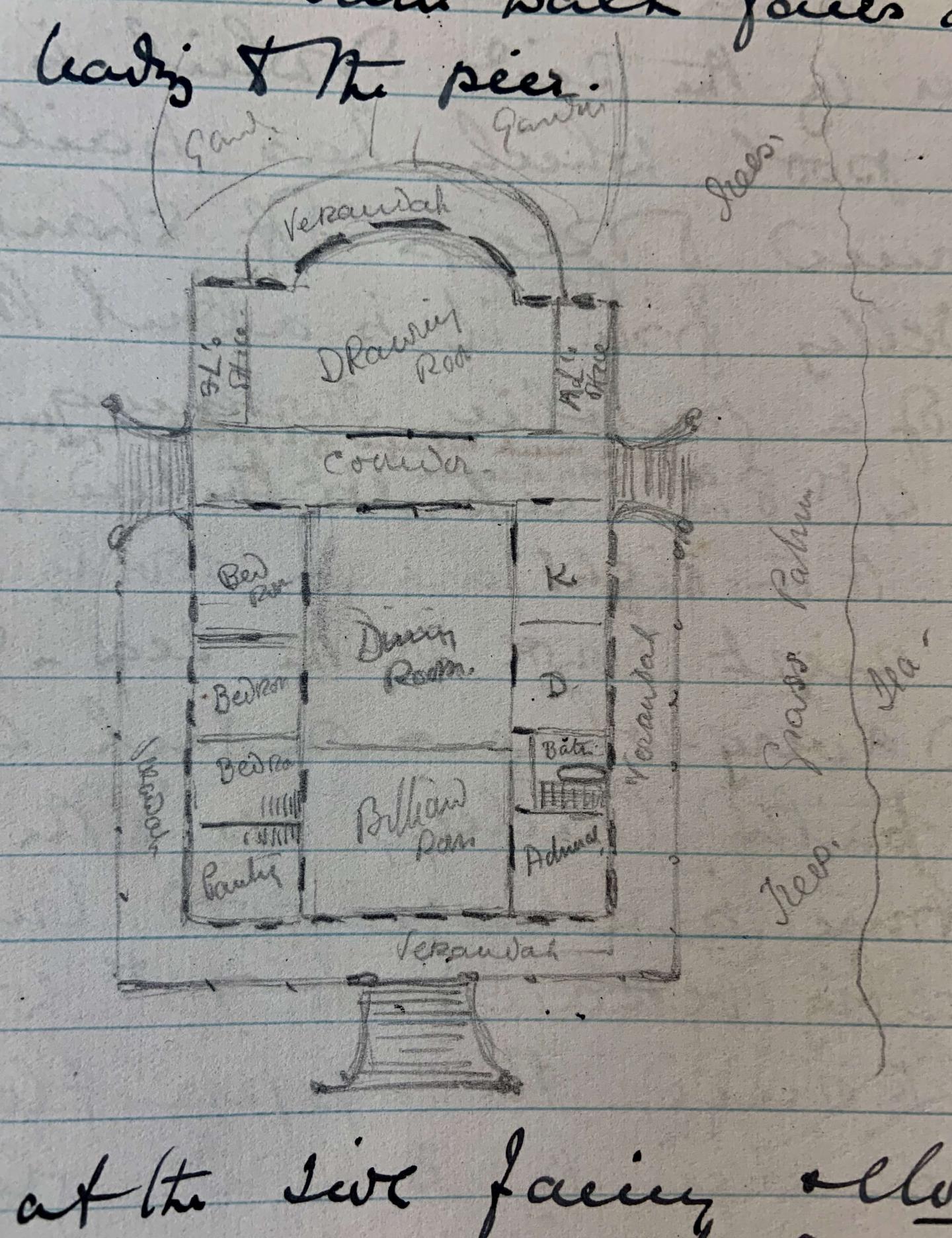 The floor plan of Admiralty House, sketched by Lady Fullerton in her diary 