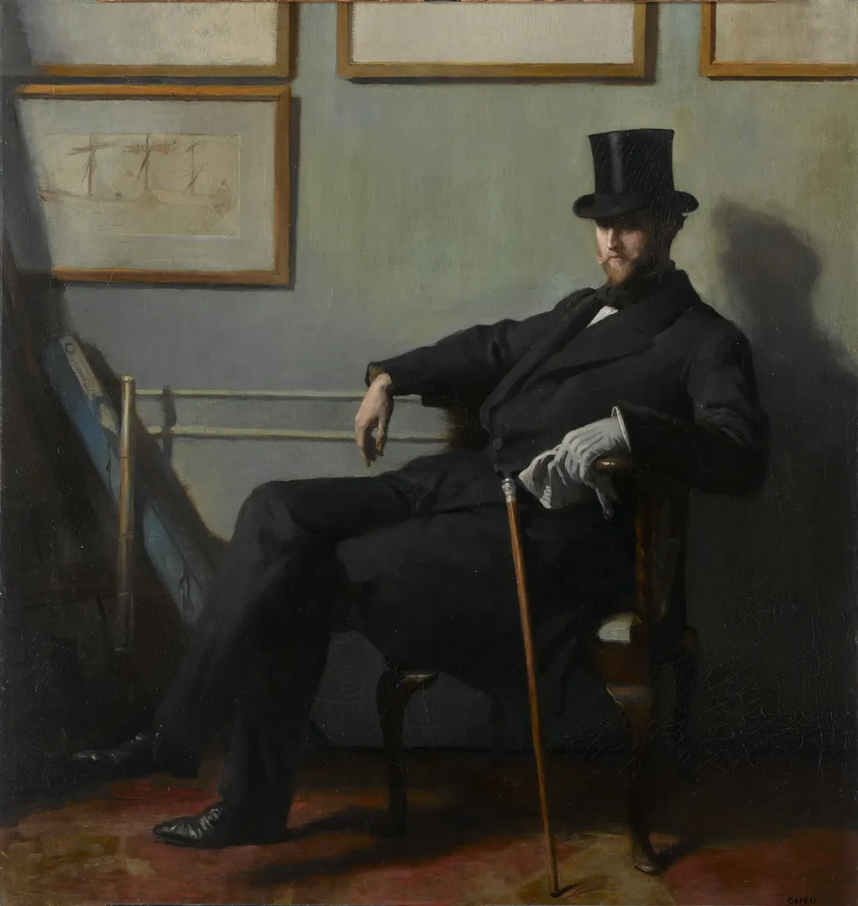 Portrait of Everett reclining, wearing a black top hat, suit and white gloves.