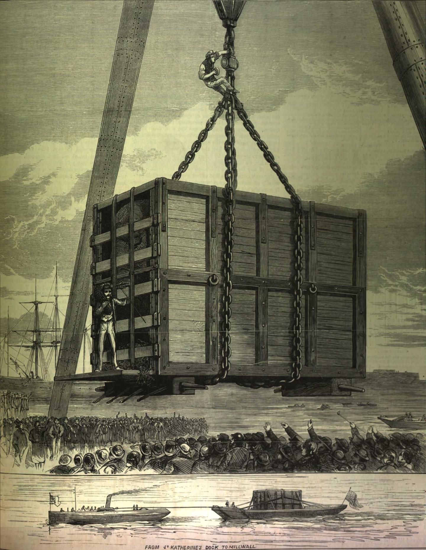 Jumbo being hoisted in a crate at St Katherine’s Dock from the front page of ILN, 1 April 1882