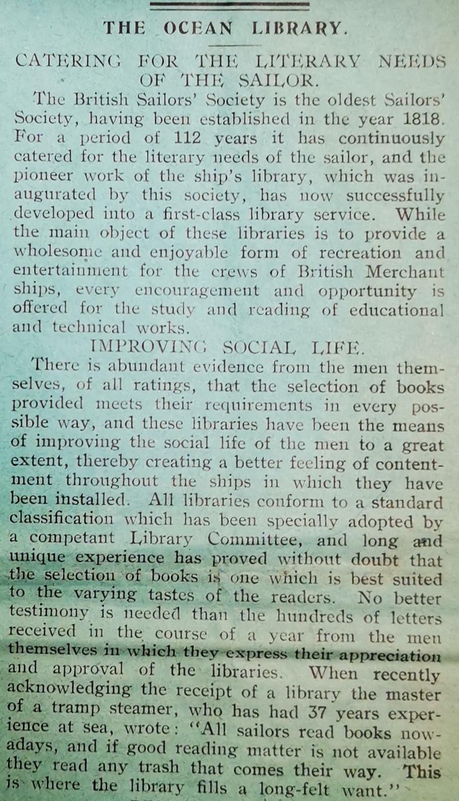 Article from the September 1931 issue explaining the benefits of the Ocean Library