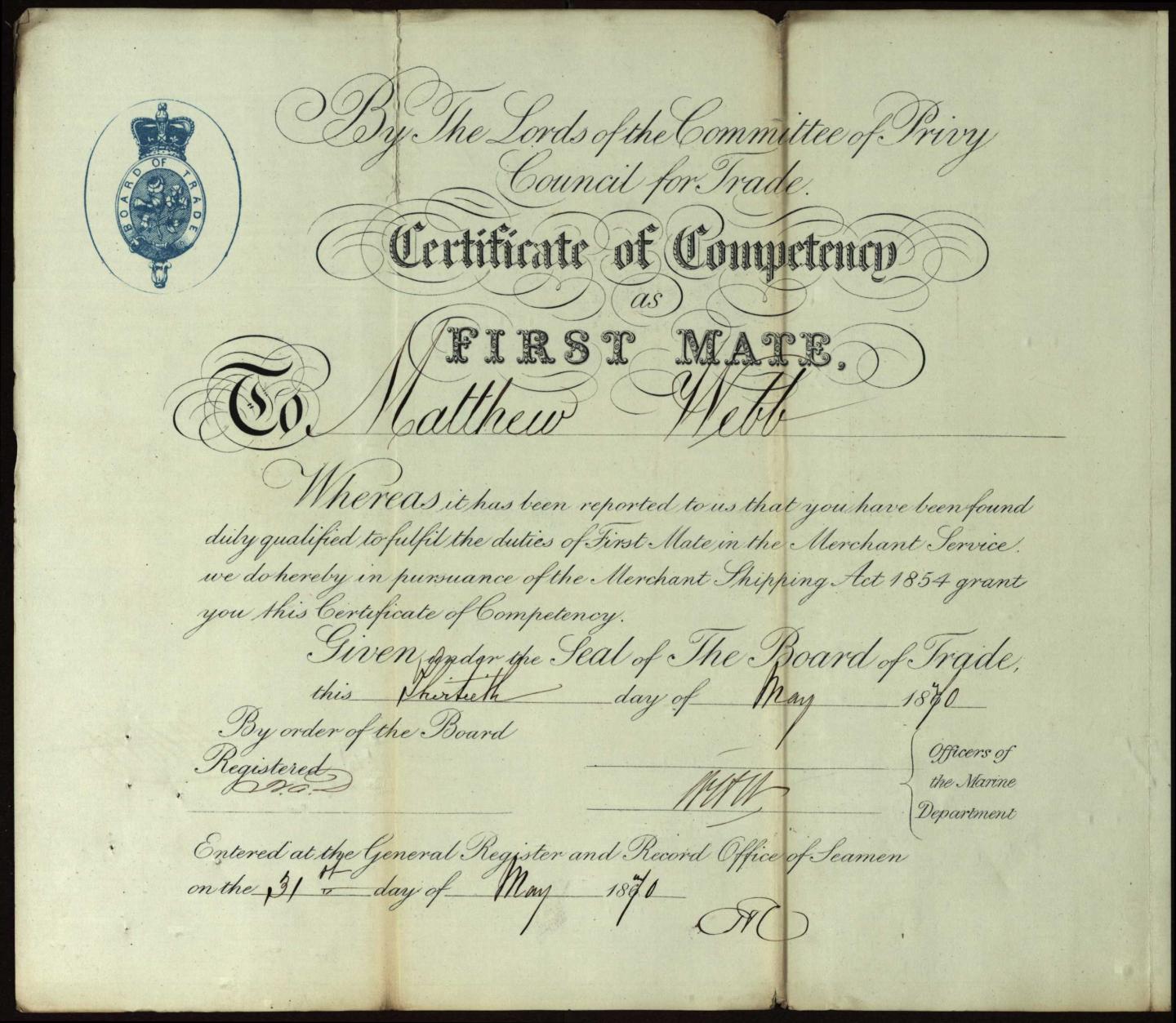 Webb’s first mate’s certificate