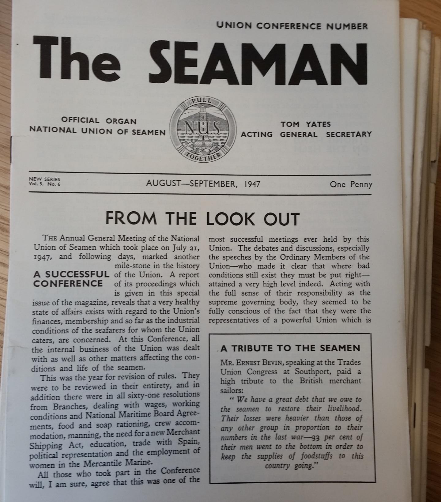 Front page of Aug-Sept 1947 issue of the Seaman