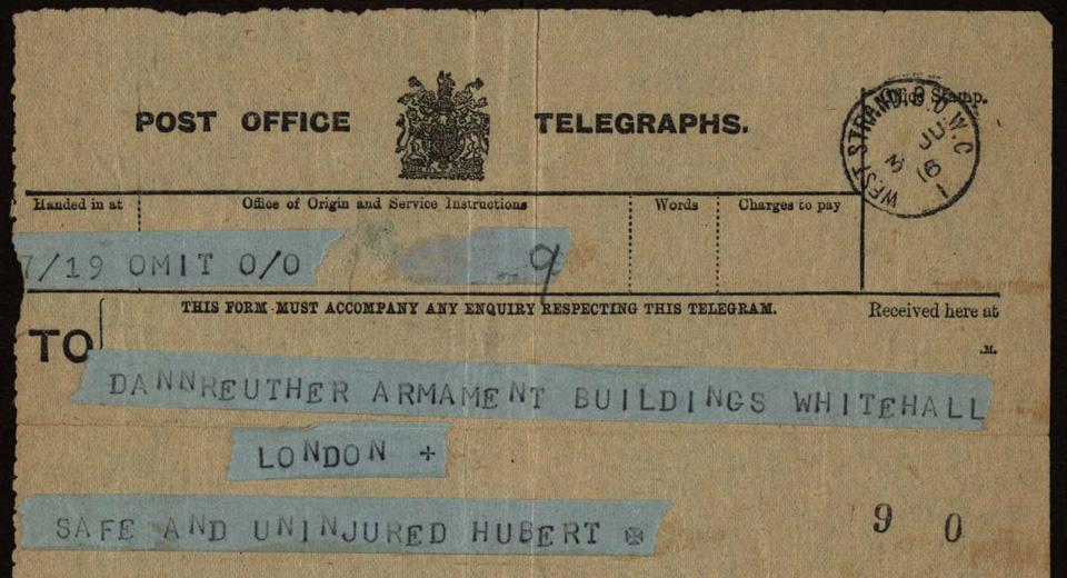  Telegram informing family their relative had survived Battle of Jutland