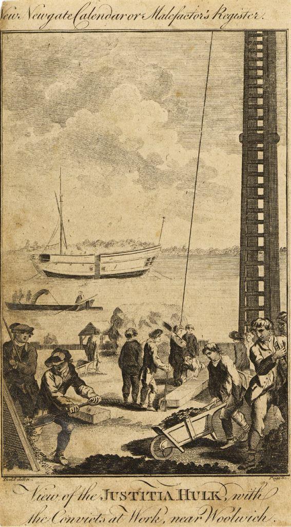Convicts in London working at Woolwich. ‘View of the Justitia Hulk, with convicts at Work, near Woolwich. Near Newgate Calendar or the Malefactor’s Register’ 