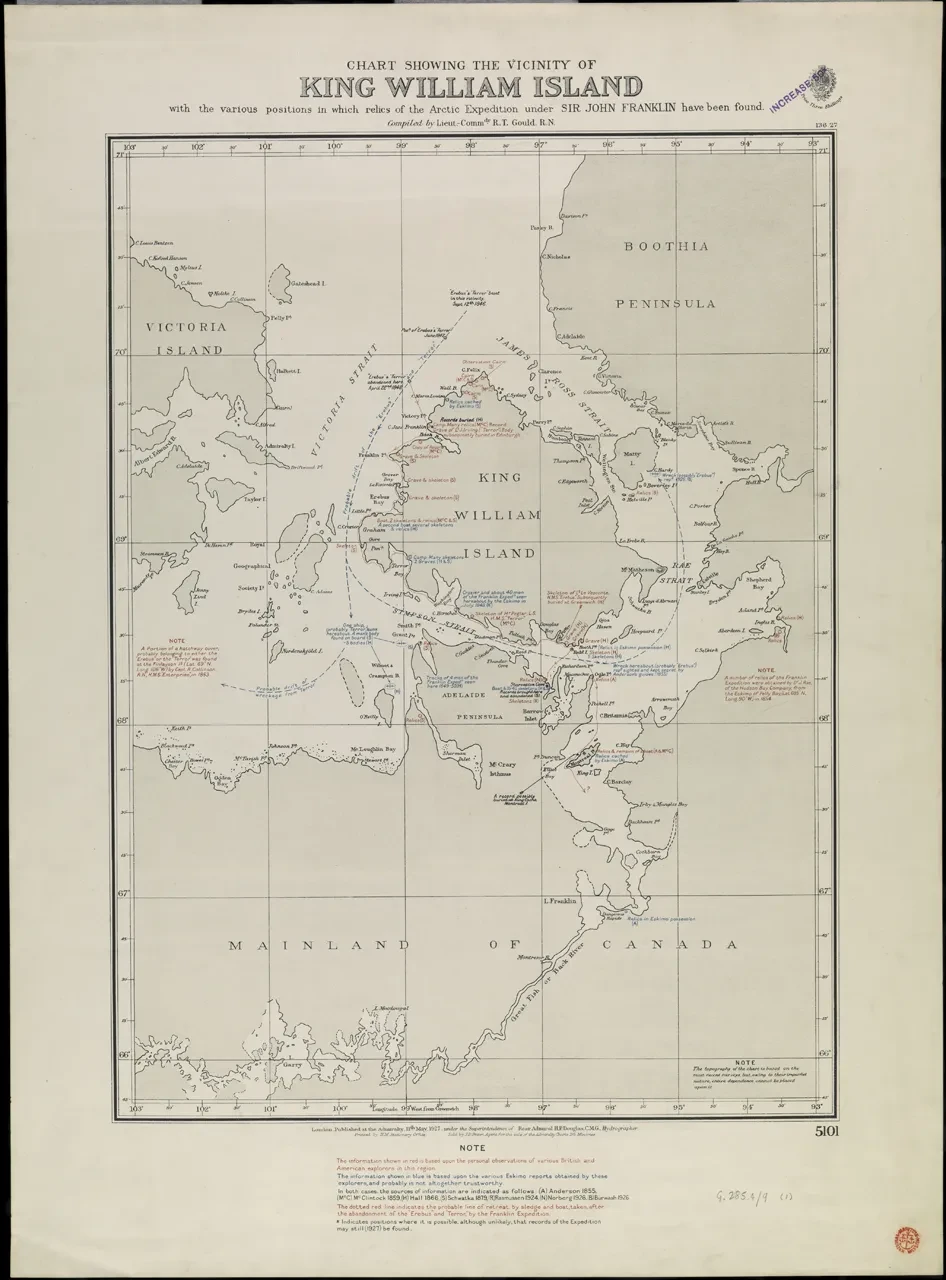 Map of King William Island with Franklin relics plotted on it