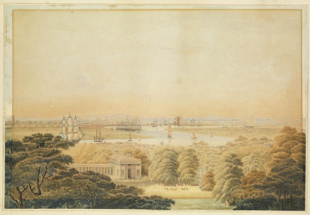 Full watercolour by Margaret Maskelyne of the view from the Observatory