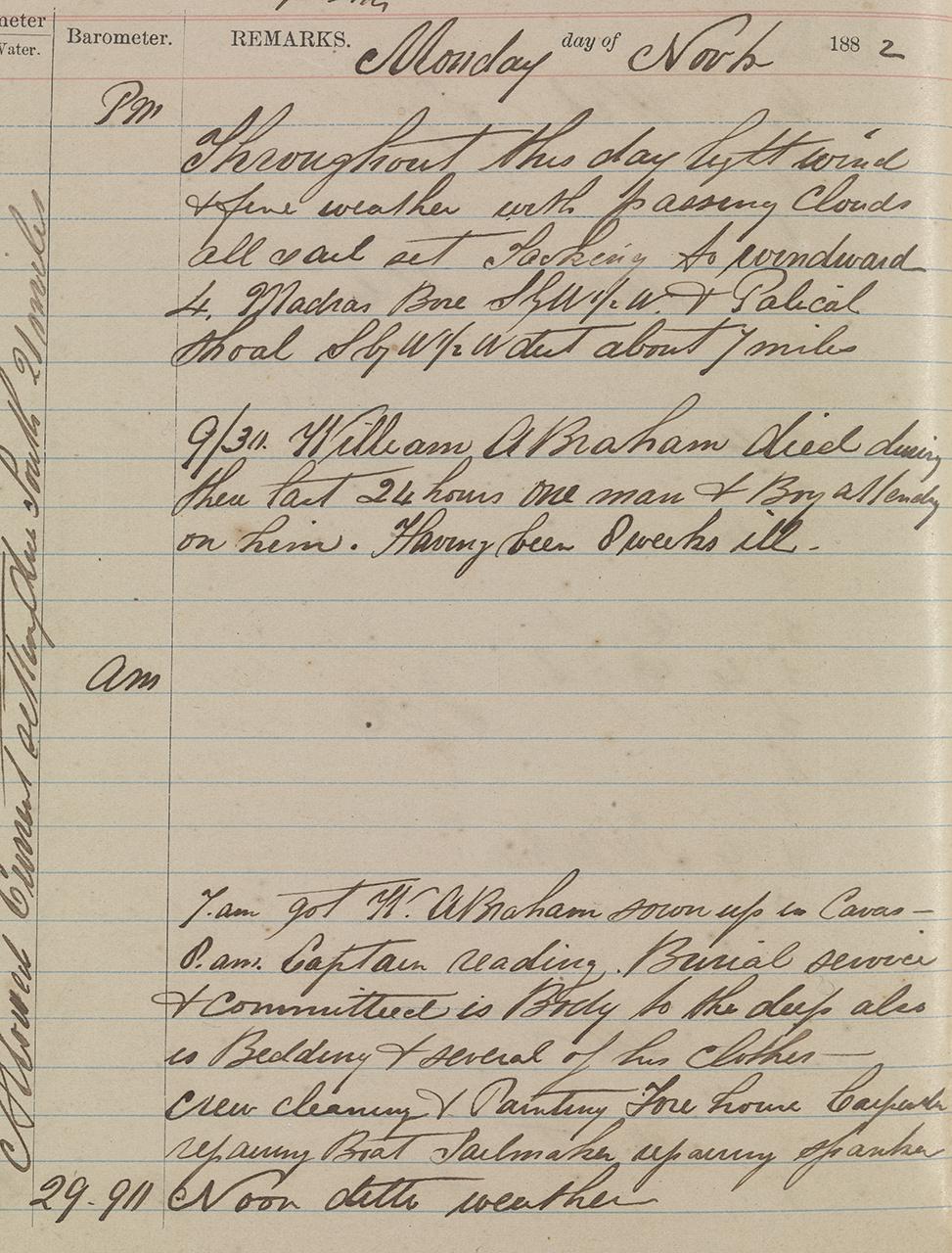 Captain Moore's logbook - 6th November 1882