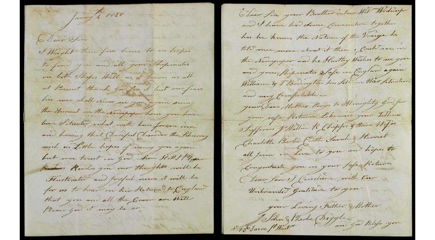 Letter to John Diggle cook on board HMS Terror from his parents