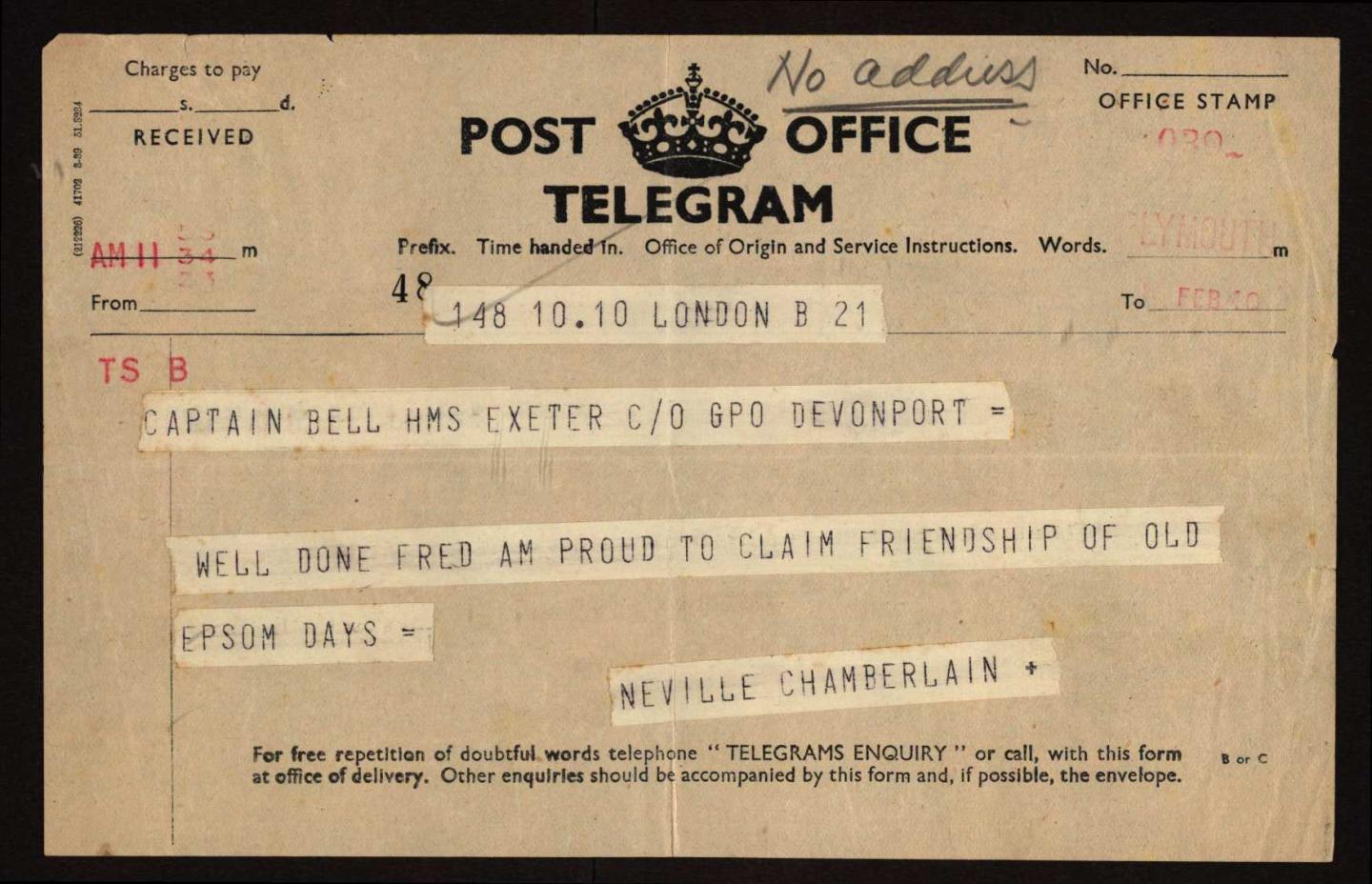 Telegram from then Prime Minister Neville Chamberlain congratulating Bell on his success at the River Plate