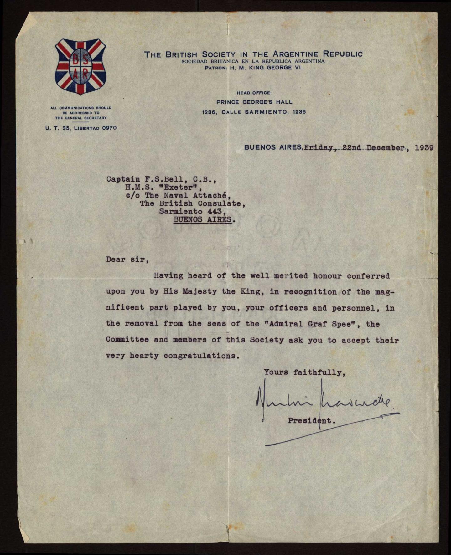 Letter to Captain Bell from the President of the British Society in the Argentine Republic