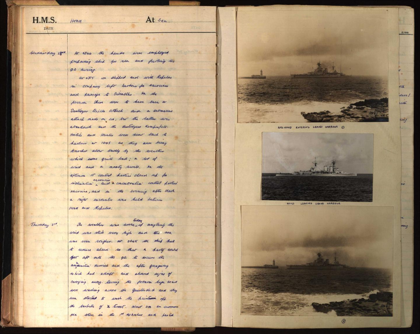Journal page, dates, 2/3 December 1936, with insert of photographs of HMS Hood which may never have been released in the public domain