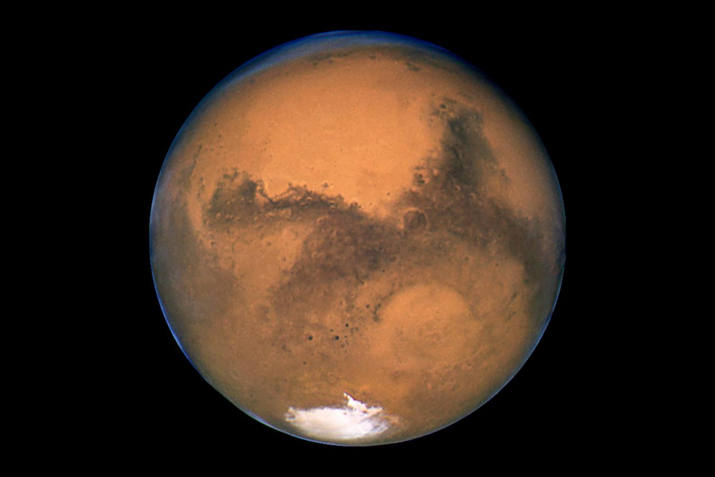 Photograph of Mars taken by the Hubble Space Telescope during opposition in 2003.