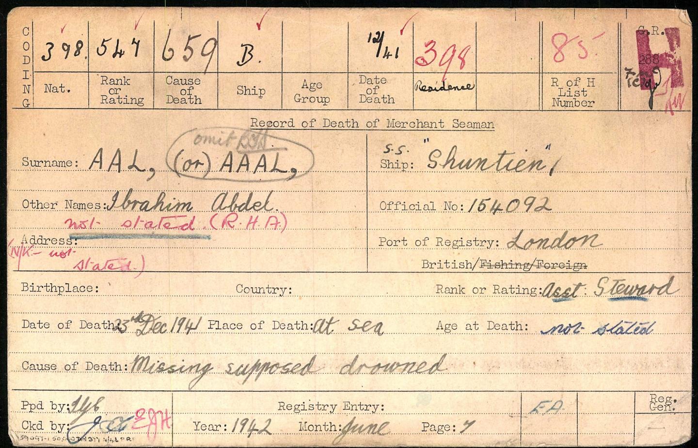 Example of a Merchant Seamen Death index card