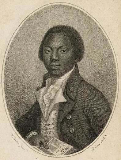 Black and white portrait of Olaudah Equiano wearing a formal suit.