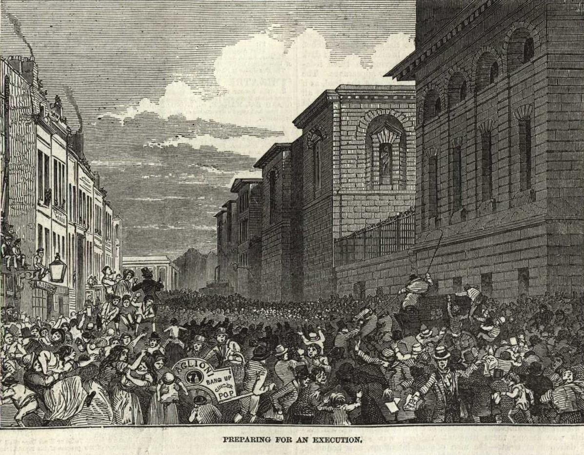 An illustration from the Illustrated London News depicting crowds gathering for an execution