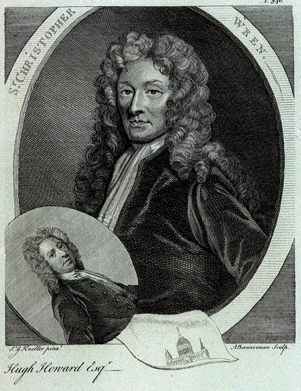 An engraved portrait of Sir Christopher Wren in a long wig and gown.