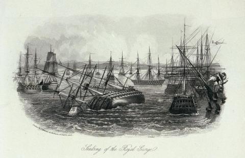 The sinking of the Royal George, from An Account of the Loss of the 'Royal George' at Spithead, August, 1782, published by J. and F. Harwood, 2 February 1842. MSS ref: PBD2216, Repro ID: PU5962