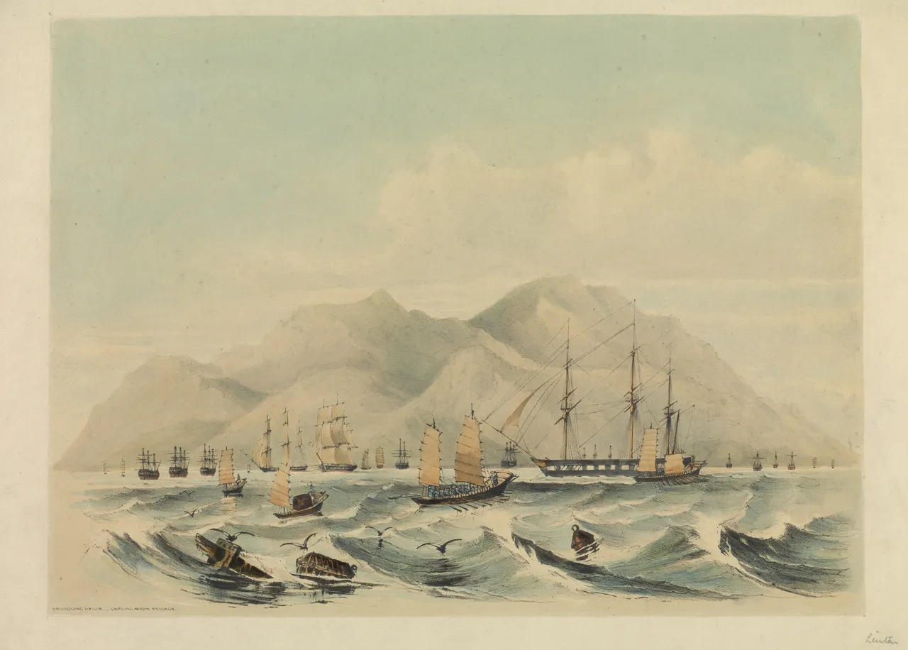 Painting of ships and small boats in the sea, with mountains in the background.