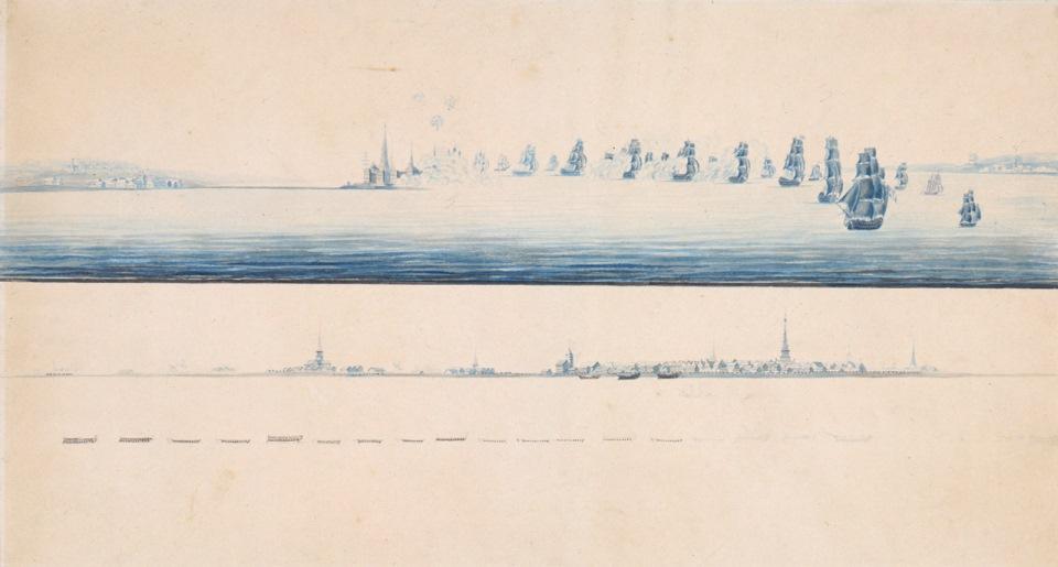 English fleet passing up the Sound 28 March 1801 with a view of Copenhagen below