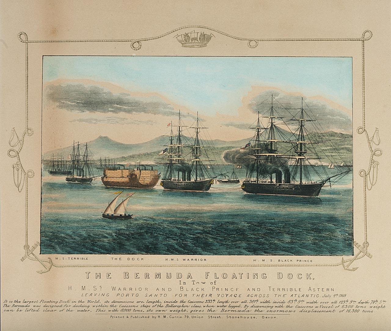 Coloured print showing the departure of the Bermuda floating dock from Porto Santo on 4 July 1869