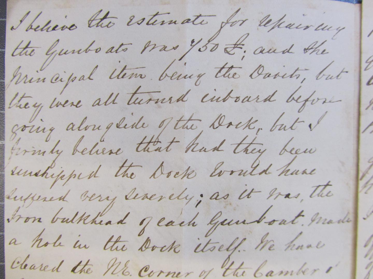Part of a letter from Ross to Wainwright, discussing damage done to the Vixen when she went alongside the dock