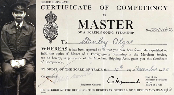 Stanley Algar’s Master Certificate with a photo of Stanley from JOD/332